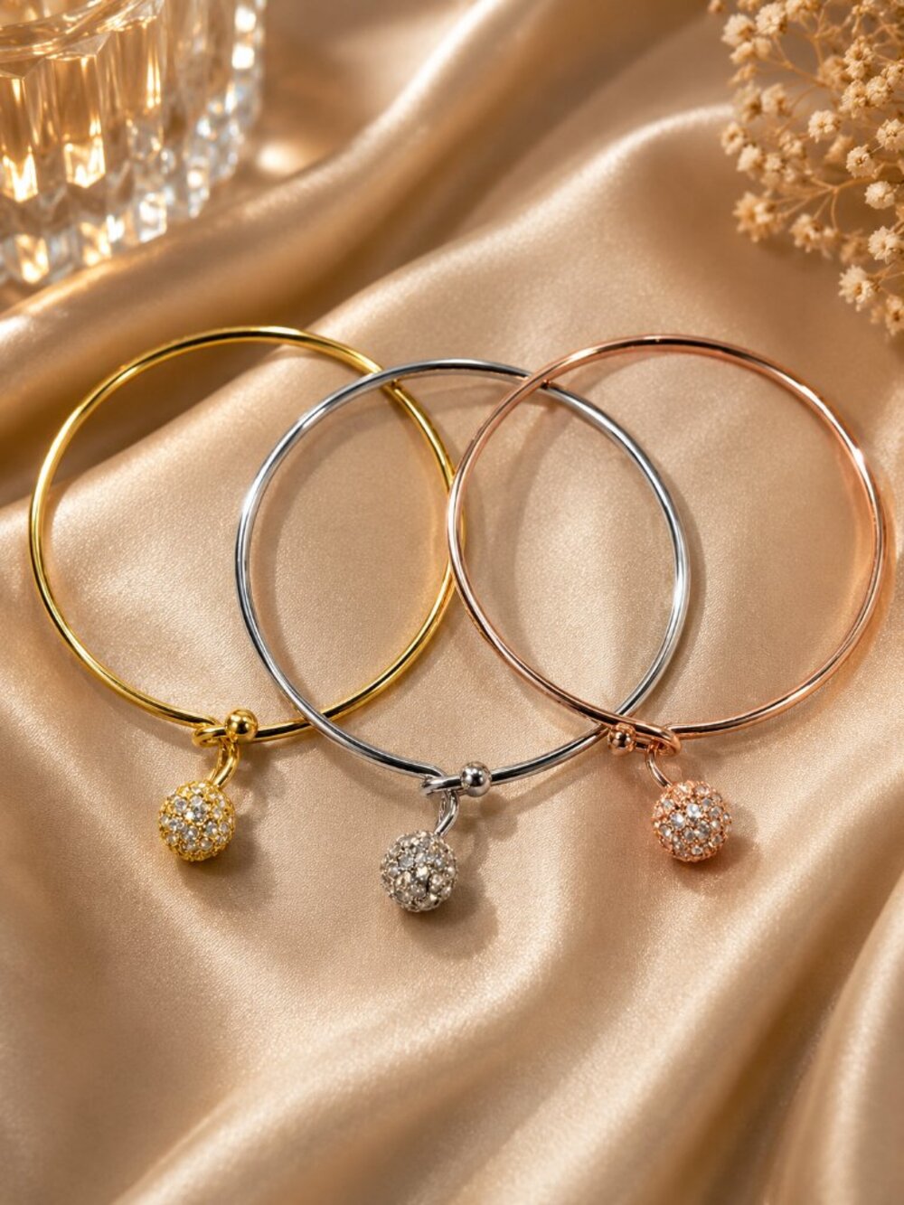 Mixed Metal Crystal Charm Bangle Bracelet Set – Gold Silver & Rose Gold Bangle